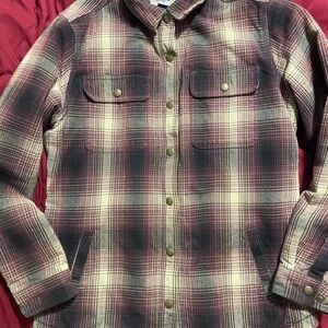 Women’s Carhartt burgundy plaid, Sherpa lined flannel shirt Jac
